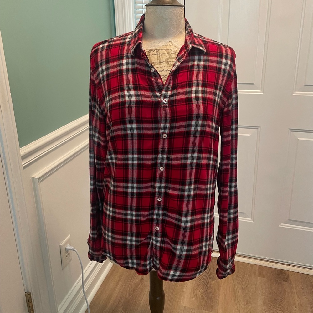 Zara Red and Black Plaid Casual Button Down Shirt